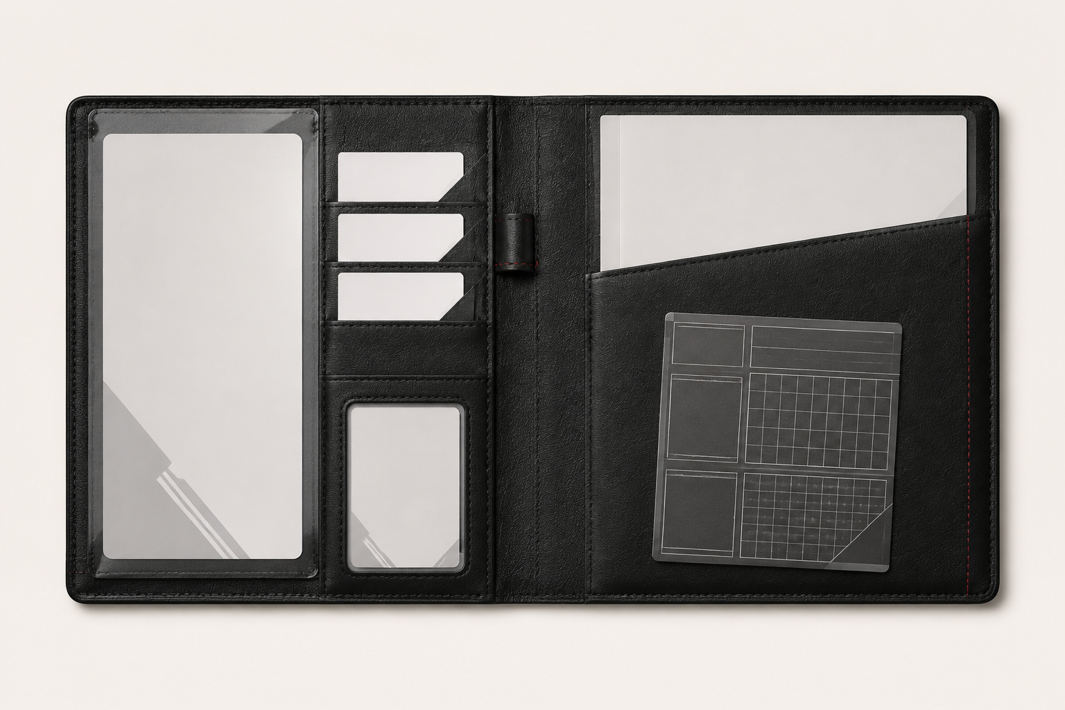 Open Drivefolio 01 showing document windows, card slots, pen loop, and vehicle record card