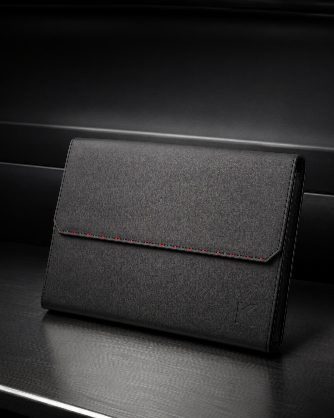 Matte graphite Drivefolio 01 with a restrained red stitch